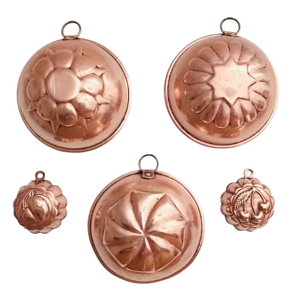 5 Antique Vtg Copper Molds Tin Lined 3 Made in Sweden Farmhouse Rustic Dollhouse
